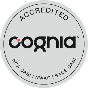 Sello de acreditaci贸n Cognia con texto "ACCREDITED" y menciones de "NCA CASI | NWAC | SACS CASI